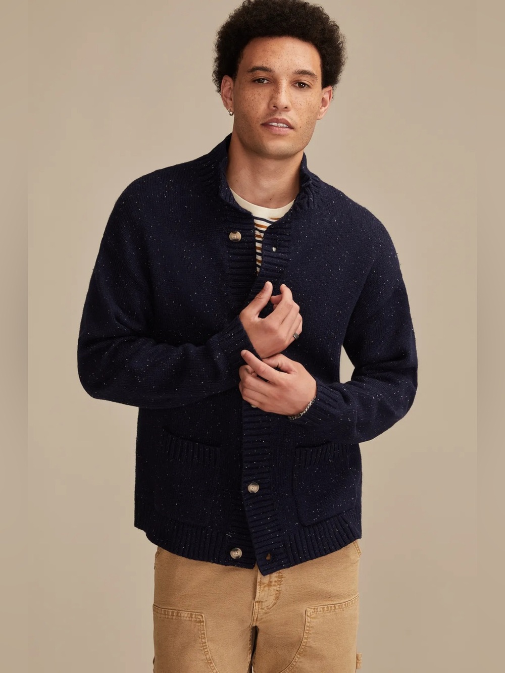 Lucky Brand Navy Mock Neck Button Cardigan